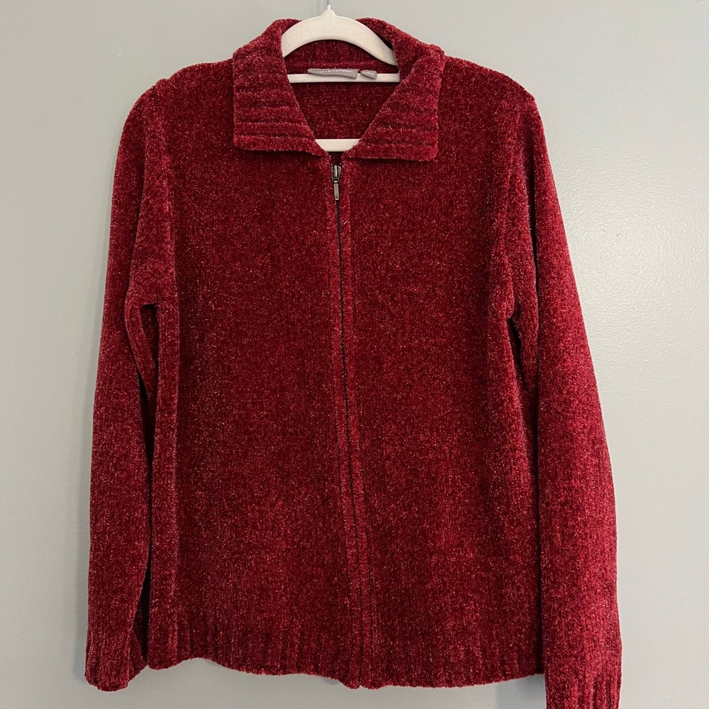 Croft & Barrow Burgundy ultra soft Chenille Full Zip Sweater Small cottagecore